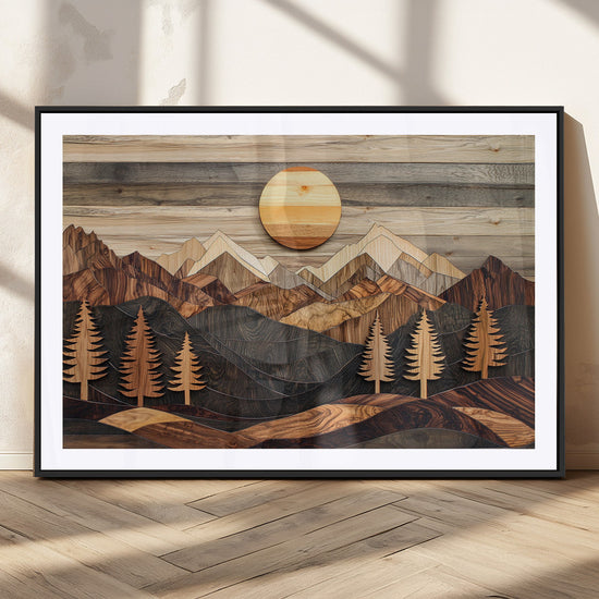 Wooden Mountain Layers Art – Rustic Pine Tree Landscape