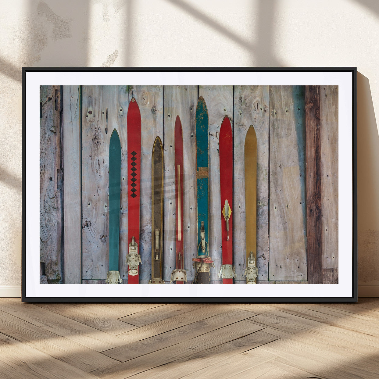Vintage Wooden Weathered Ski's in Front of an Old Barn Wall