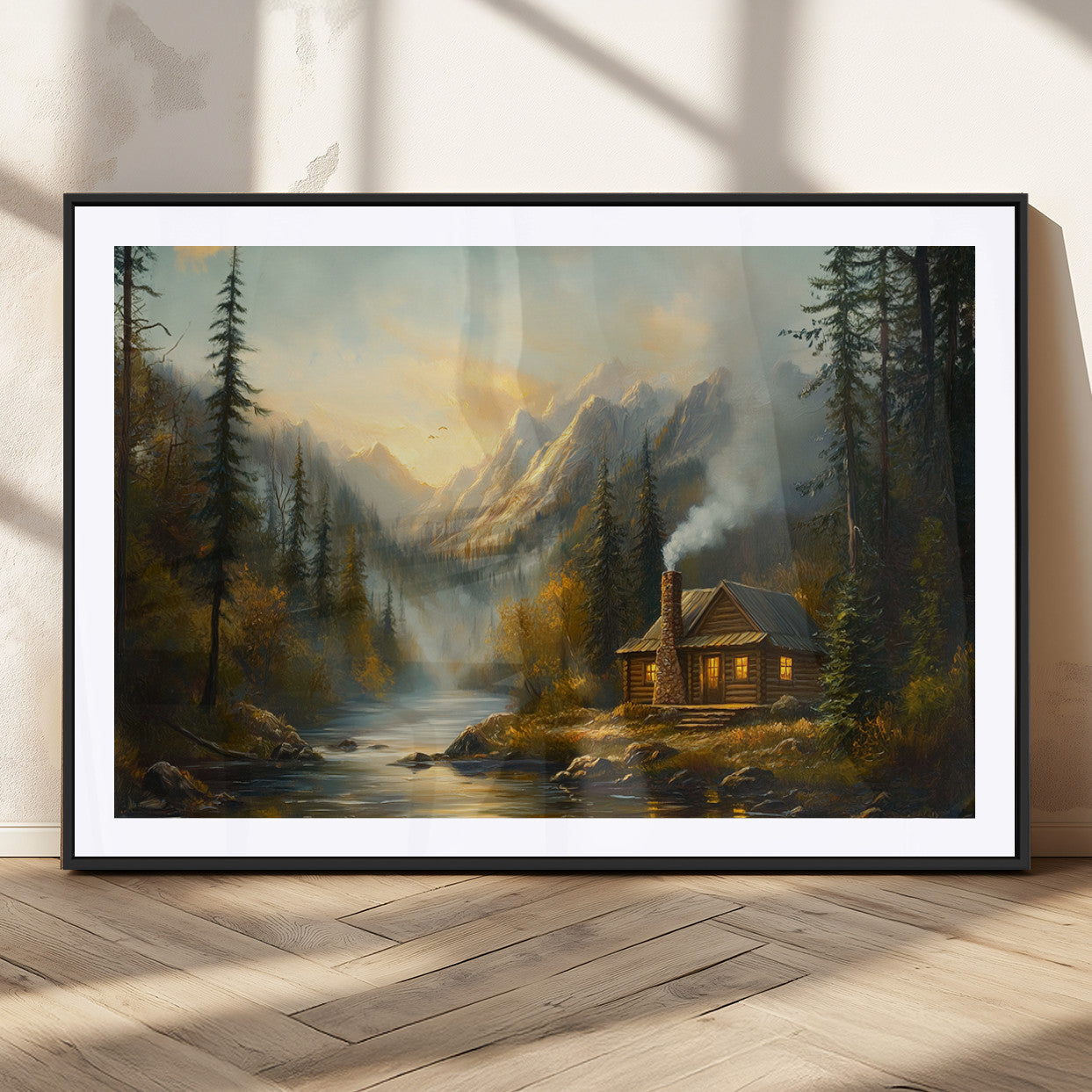 Wood Cabin Retreat Mountain at Sunset Wall Art Print -
