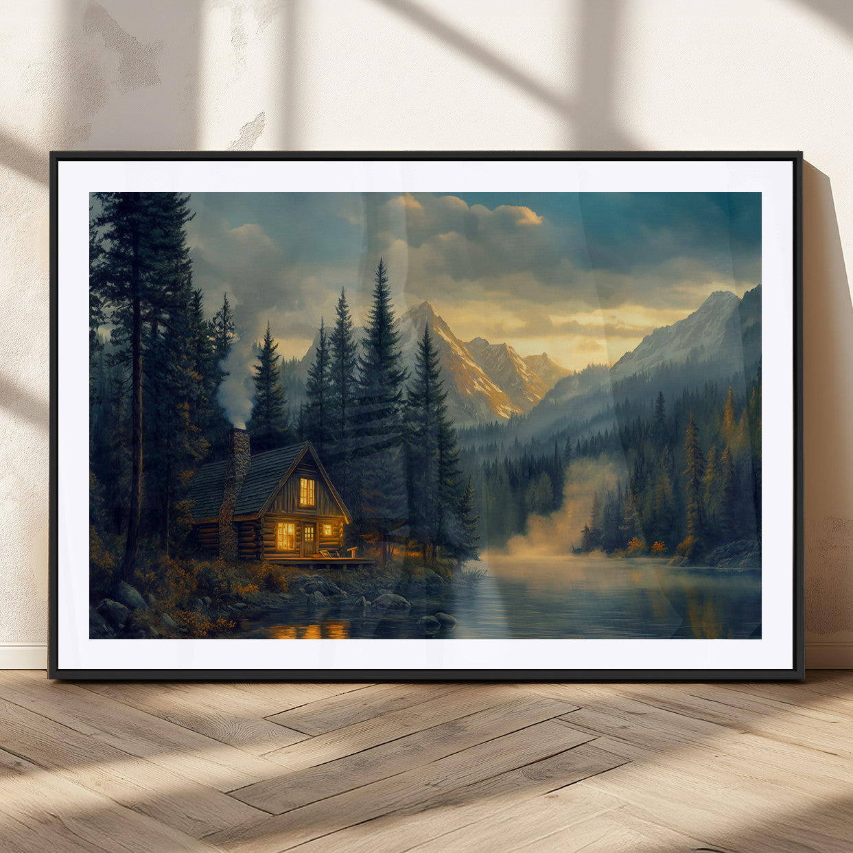 Mountain Cabin by the Lake at Sunset Wall Art - Serene