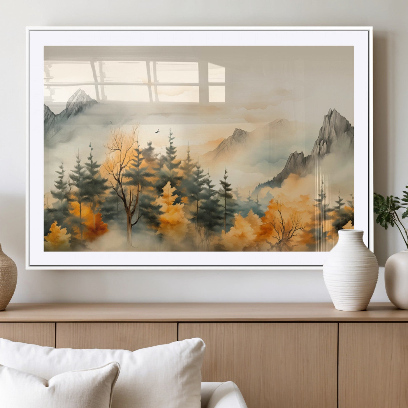 Abstract Watercolor Mountains and Trees Autumn Art,