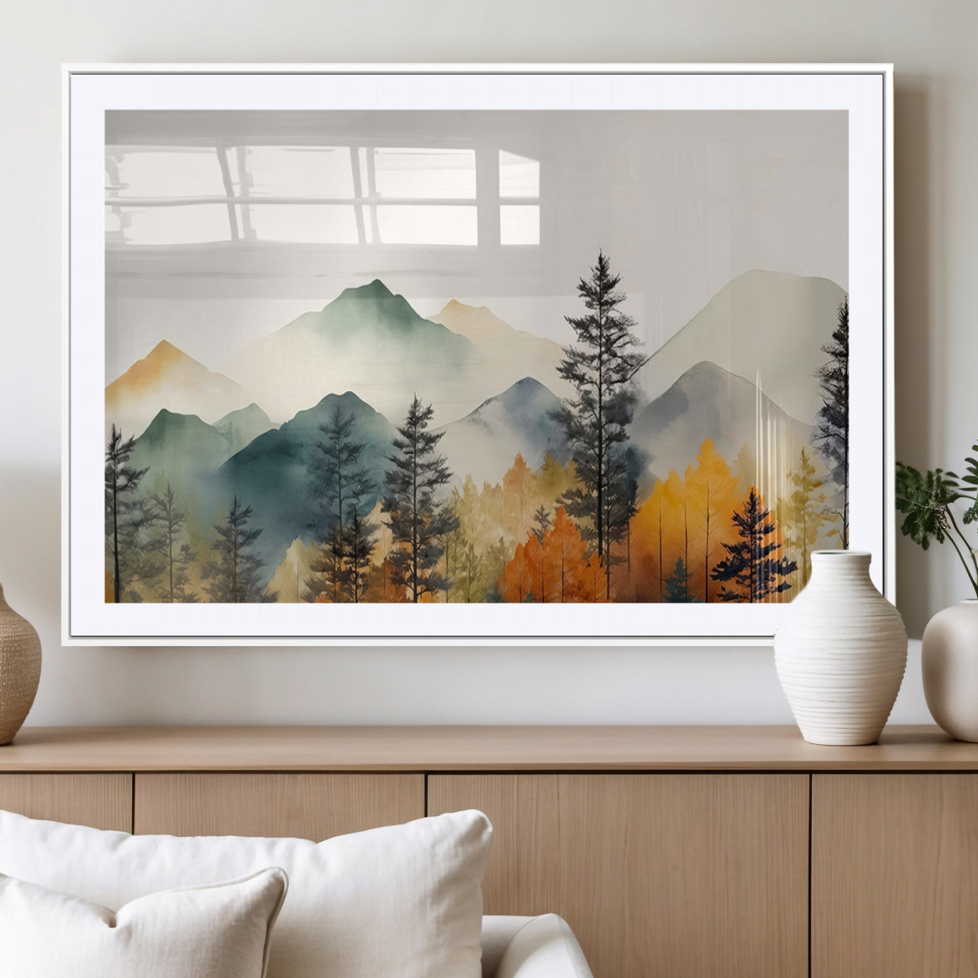 Abstract Watercolor Mountains and Trees Autumn Wall Art,