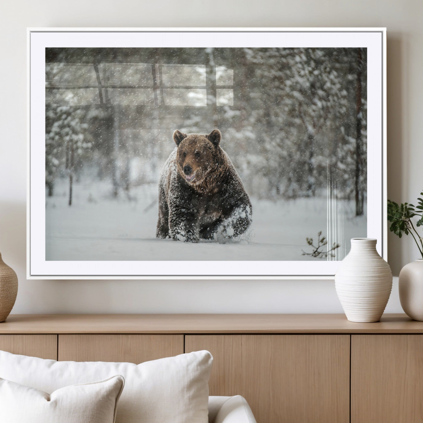Grizzly Bear Wall Art – Framed Snowy Forest Canvas Artwork,