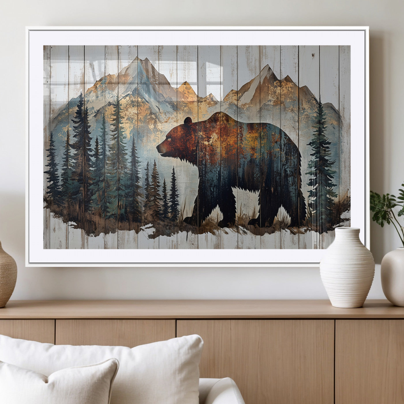 Rustic Grizzly 399 Bear and Mountain Wood Canvas Wall Art -