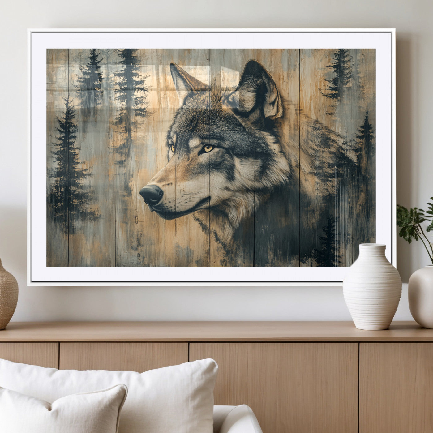 Wood Style Rustic Wolf Wall Art Canvas Print, Vintage