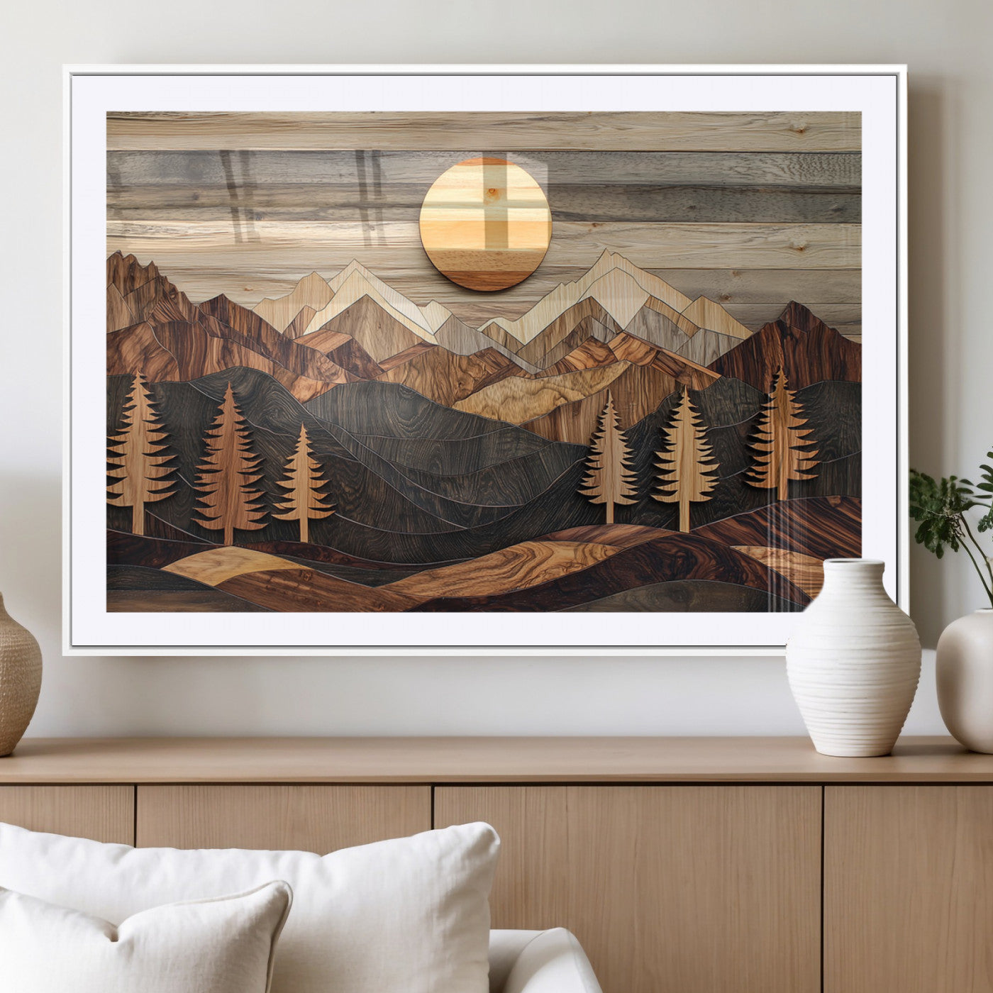 Wooden Mountain Layers Art – Rustic Pine Tree Landscape