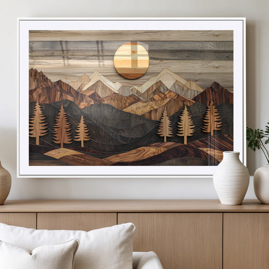Wooden Mountain Layers Art – Rustic Pine Tree Landscape
