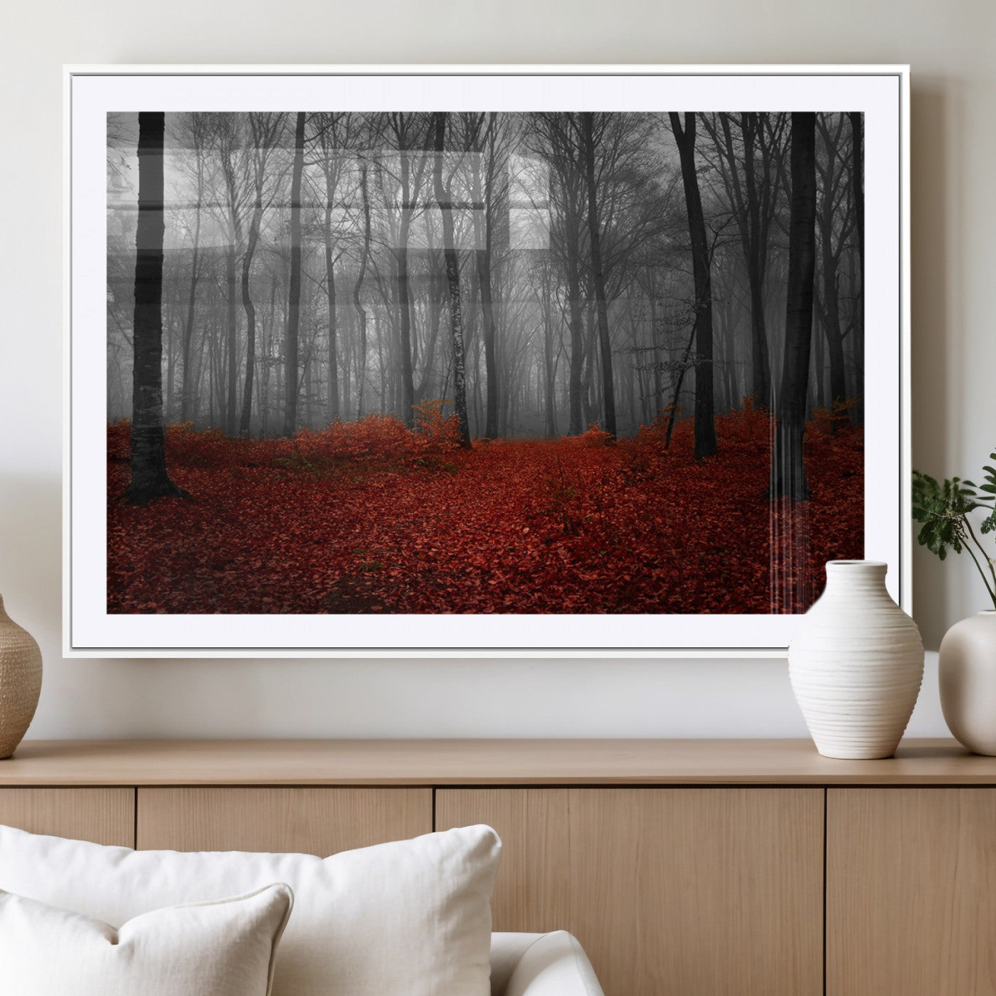 Red Forest Floor Canvas Wall Art – Mystical Foggy Woodland