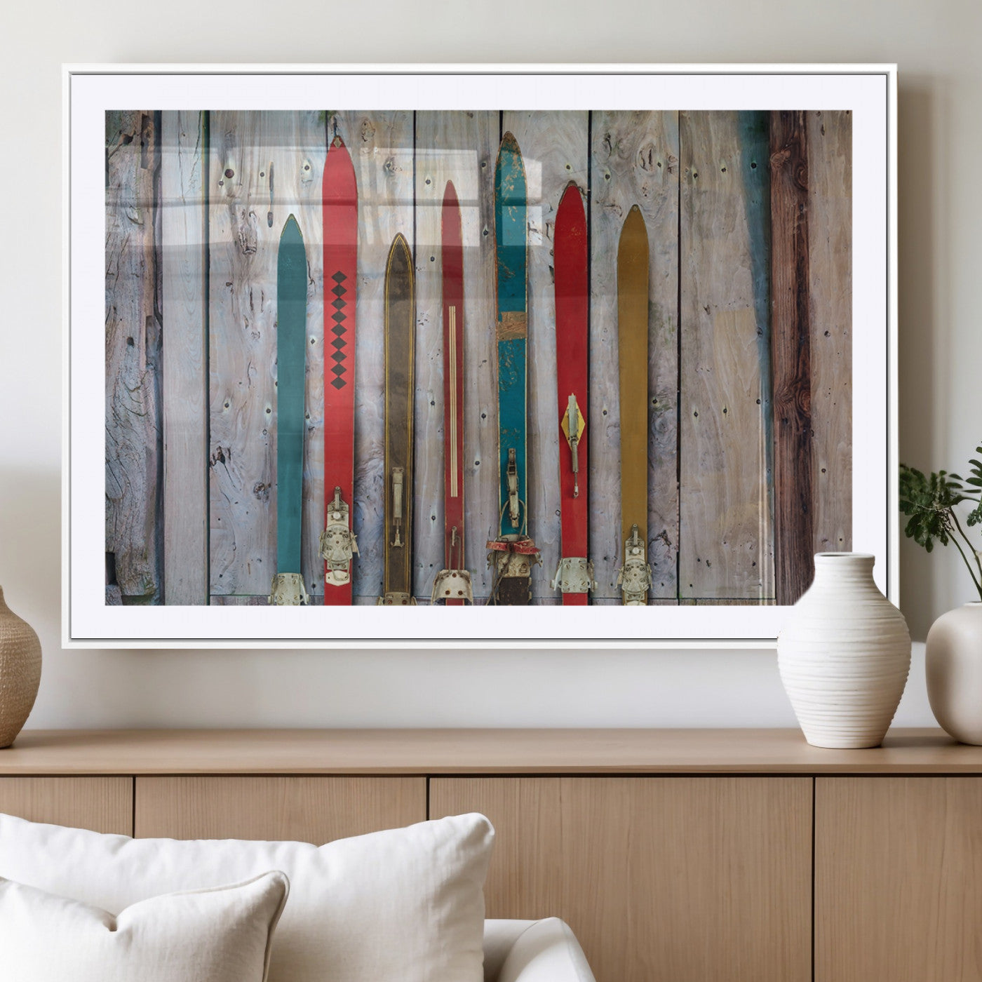 Vintage Wooden Weathered Ski's in Front of an Old Barn Wall