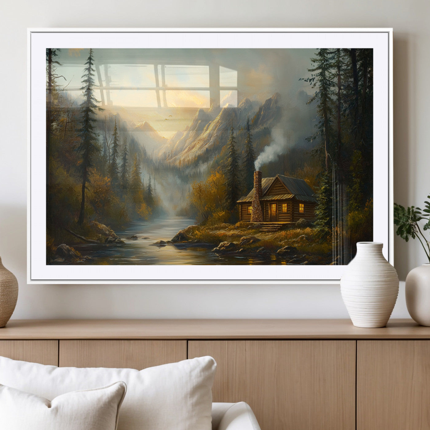 Wood Cabin Retreat Mountain at Sunset Wall Art Print -
