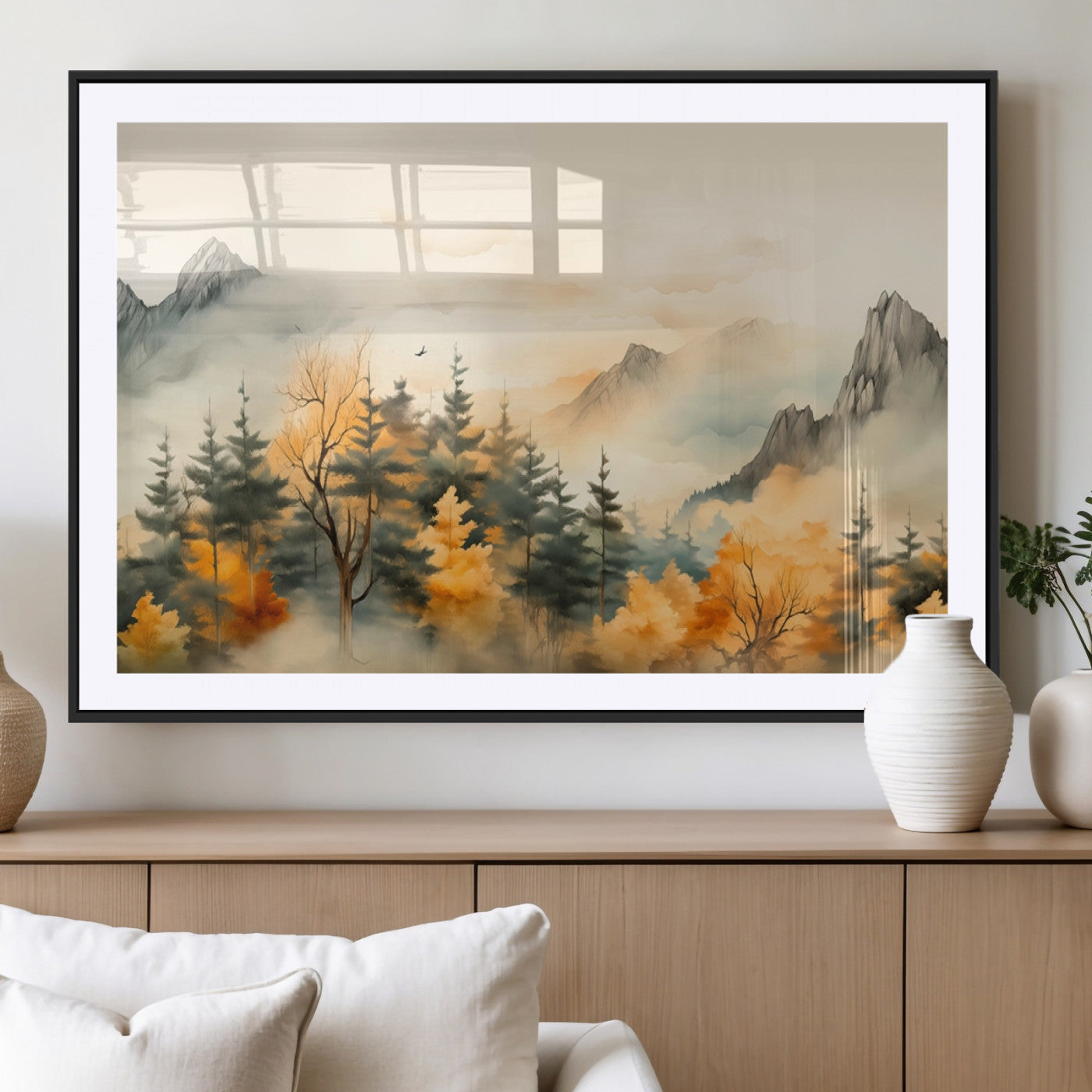 Abstract Watercolor Mountains and Trees Autumn Art,