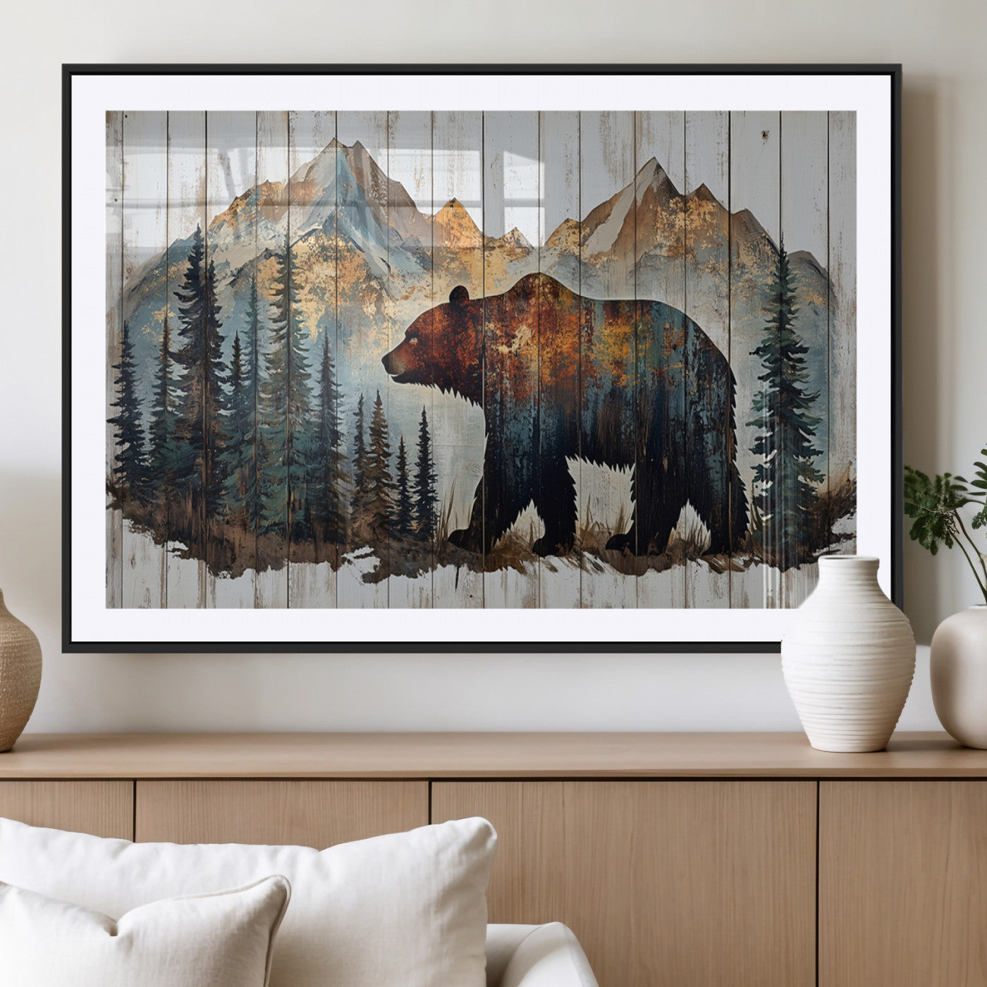 Rustic Grizzly 399 Bear and Mountain Wood Canvas Wall Art -
