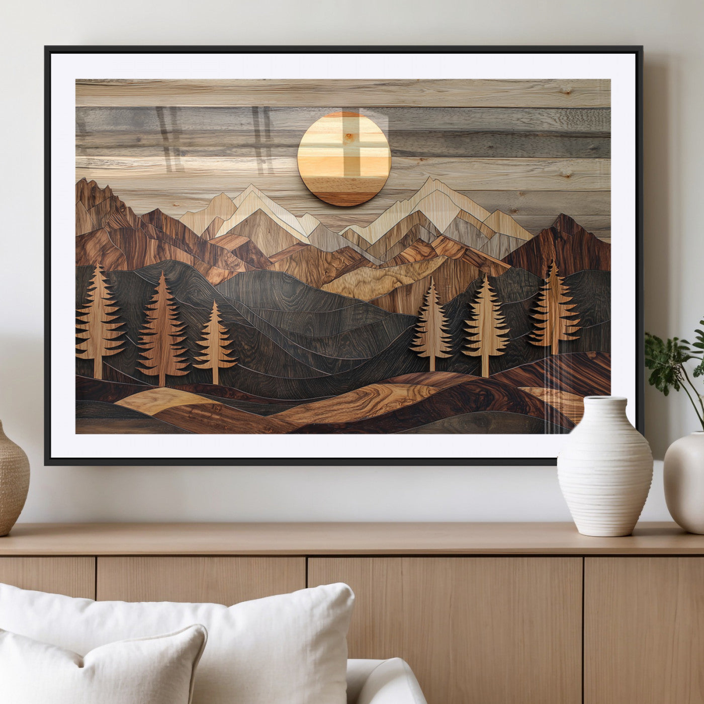Wooden Mountain Layers Art – Rustic Pine Tree Landscape