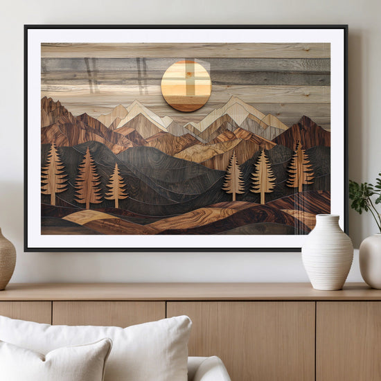 Wooden Mountain Layers Art – Rustic Pine Tree Landscape