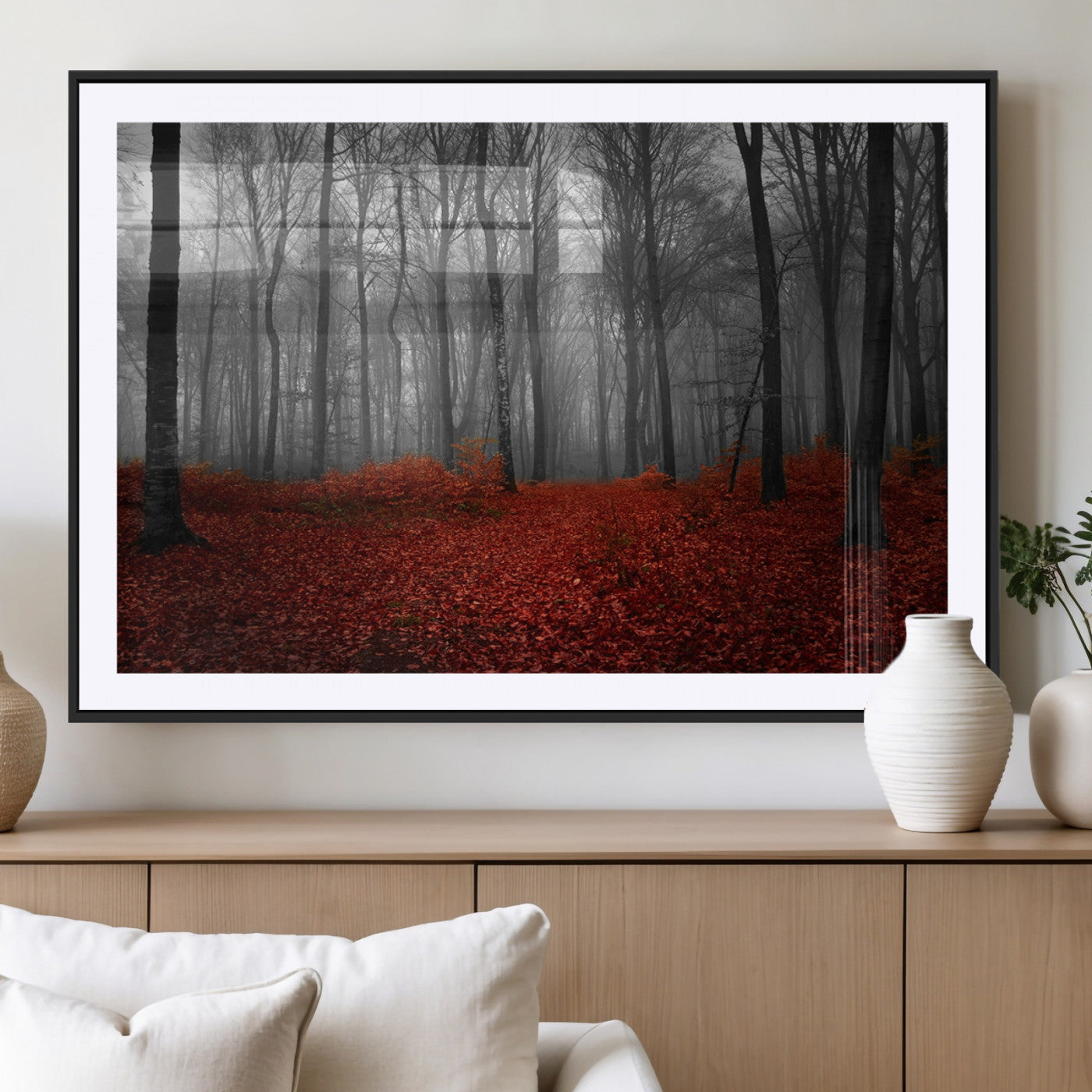 Red Forest Floor Canvas Wall Art – Mystical Foggy Woodland