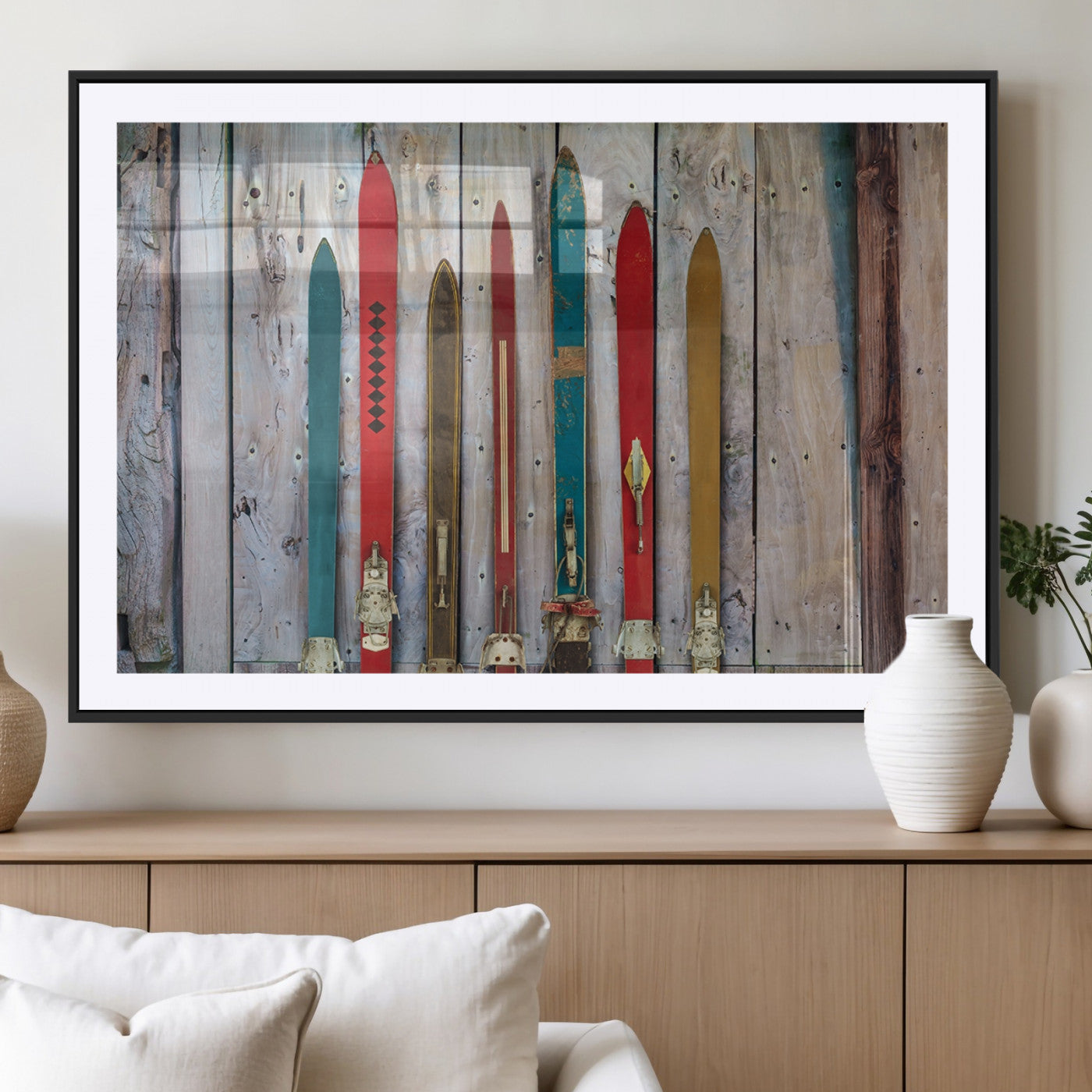 Vintage Wooden Weathered Ski's in Front of an Old Barn Wall