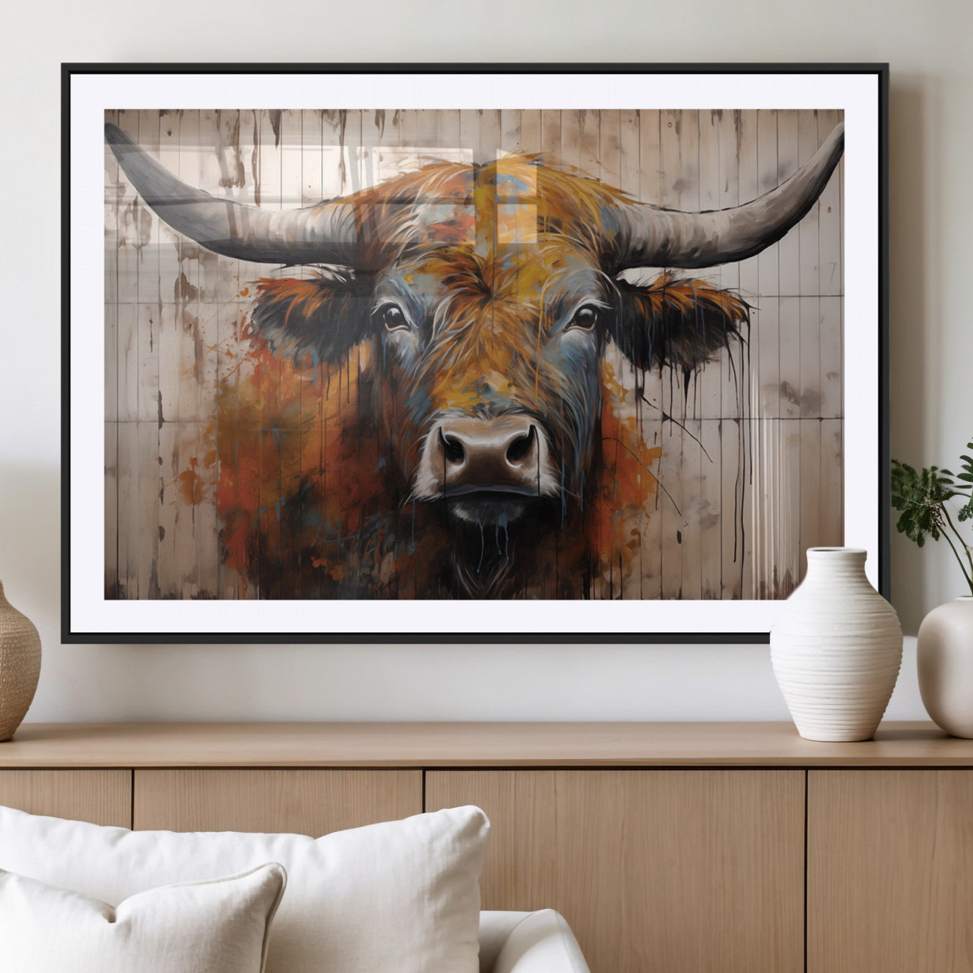Scottish Highland Cow Cattle Art Print on Wood Style