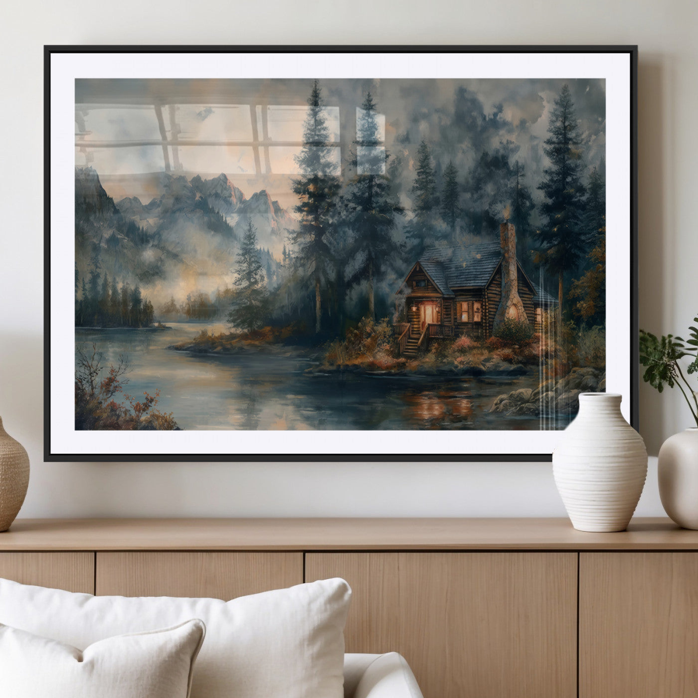 Rustic Cabin Woods Wall Art Print | Lake in a Forest Canvas