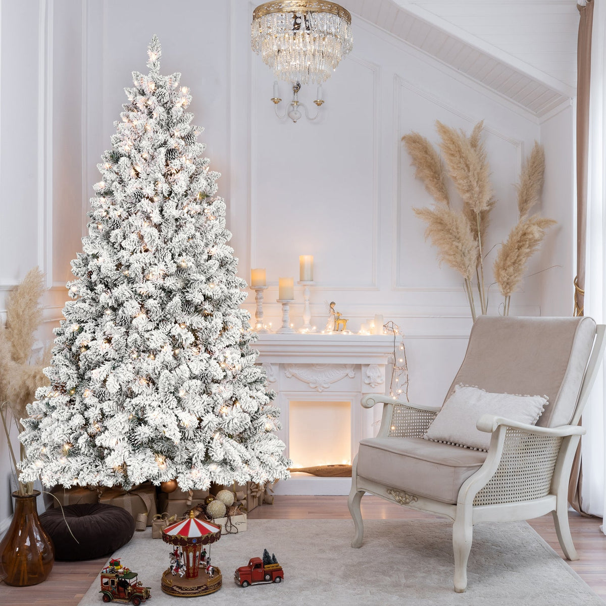 4.5FT Flocked Christmas Tree with 250 UL Lights and 24 Pine Cones