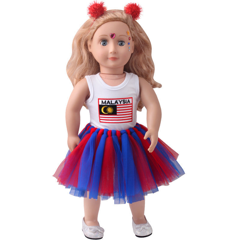 18-inch American Girl Doll Clothes Printed Short Sleeve  Handmade Veil Skirt  Hair Ball Hair Hoop