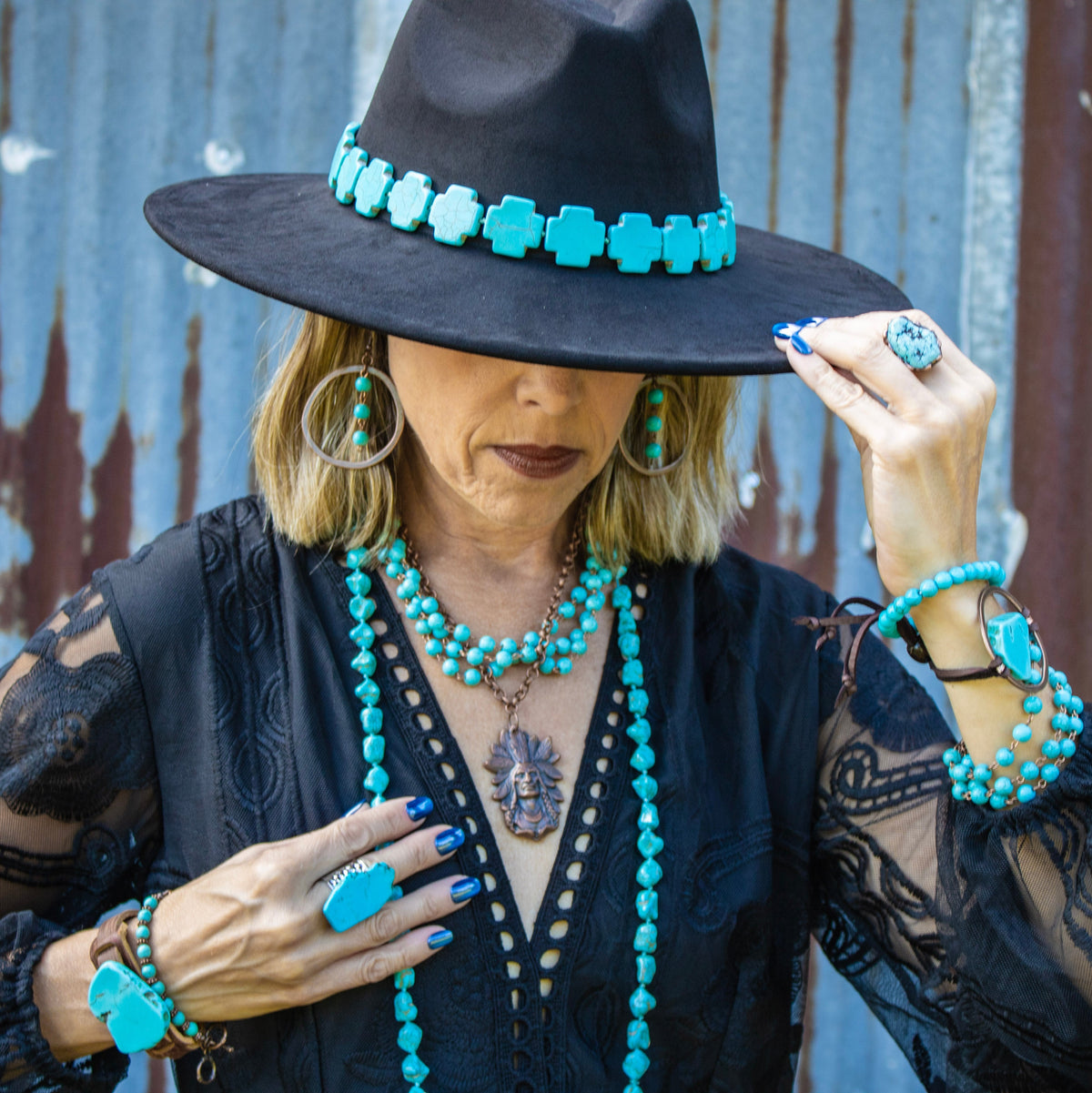 Blue Turquoise Slab on Narrow Leather Cuff 005W