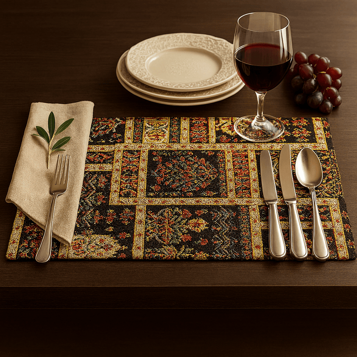 DaDalogy Bedding Set of 4-Pieces Dark Noir Mughal Floral Botanical Vintage Fleur Tapestry Placemats 13” x 19” (18197)