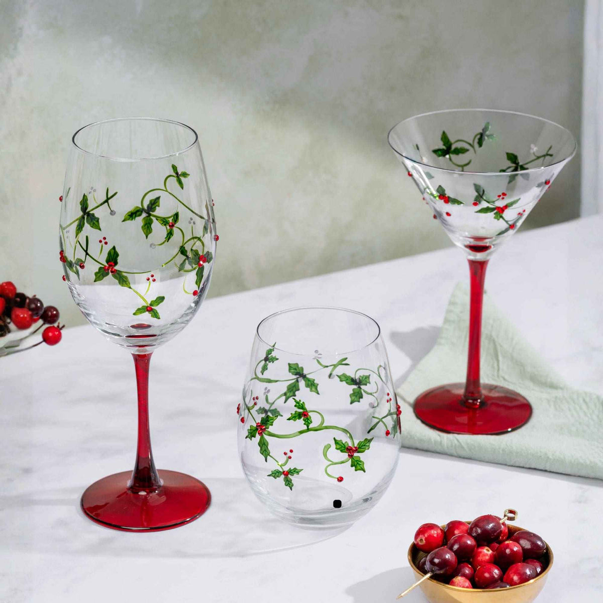 Christmas Holly Stemless Wine Glasses