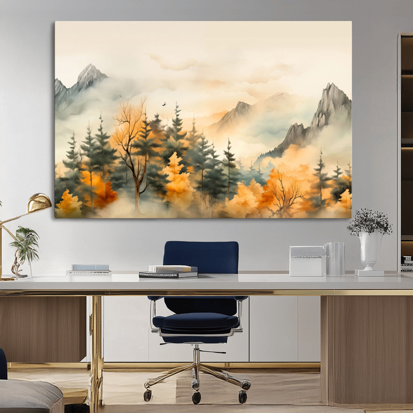 Abstract Watercolor Mountains and Trees Autumn Art,