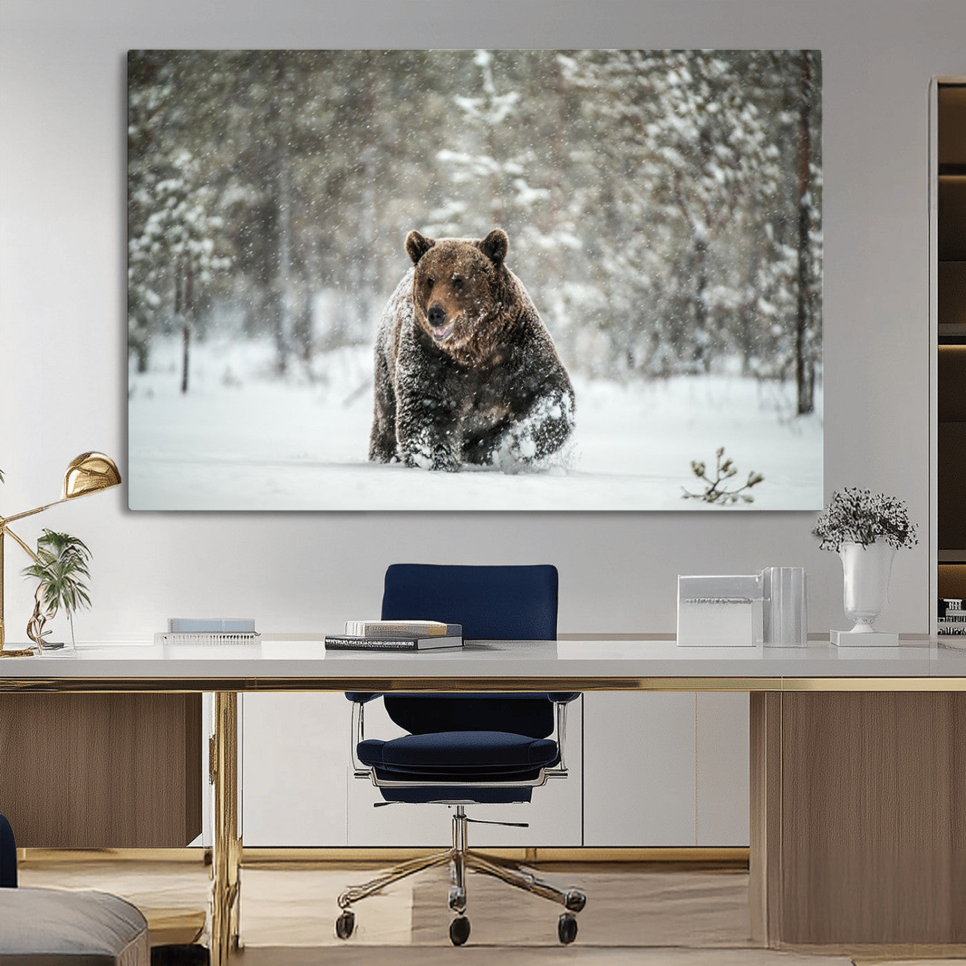 Grizzly Bear Wall Art – Framed Snowy Forest Canvas Artwork,