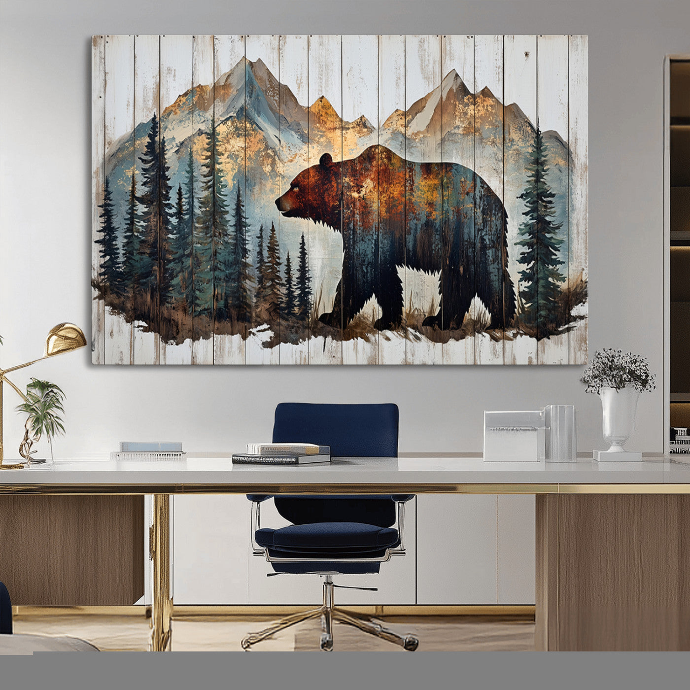 Rustic Grizzly 399 Bear and Mountain Wood Canvas Wall Art -