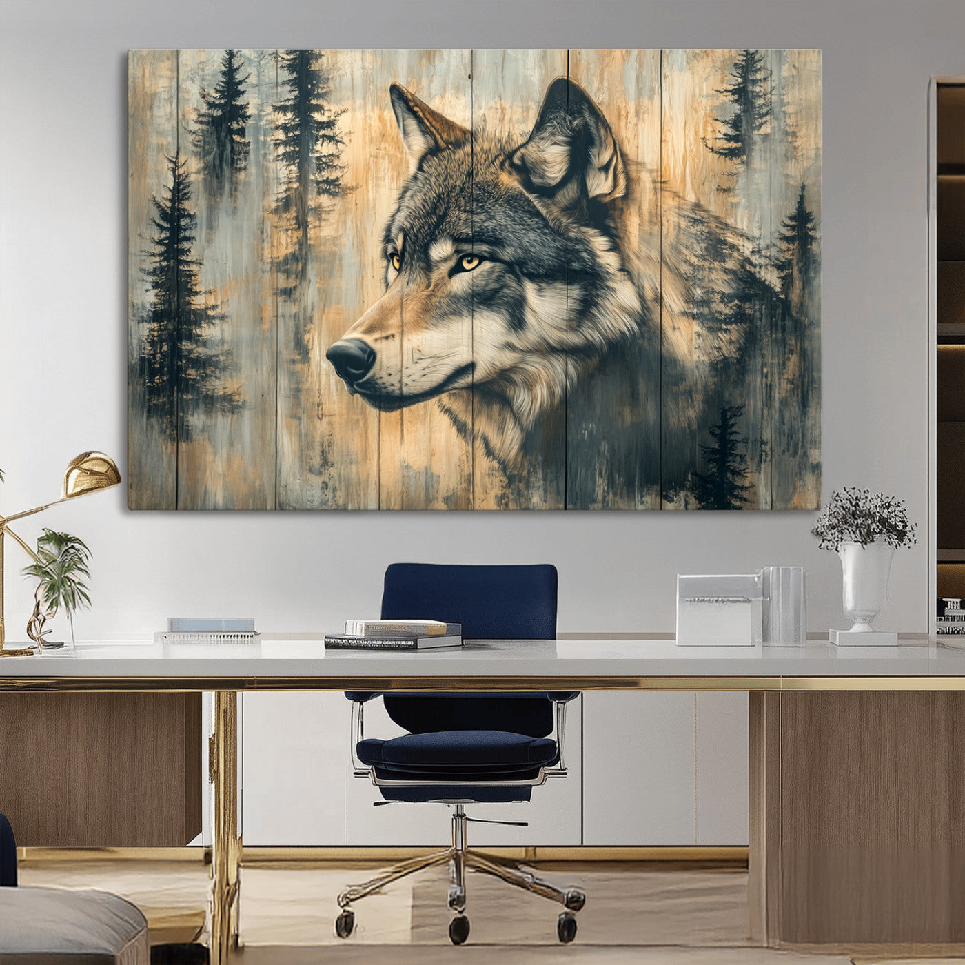 Wood Style Rustic Wolf Wall Art Canvas Print, Vintage