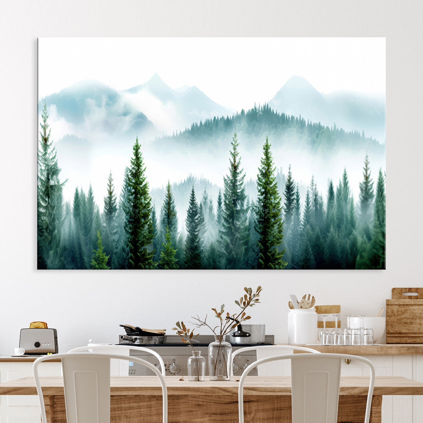 Pine Forest Wall Art Canvas Print – Misty Mountains Foggy