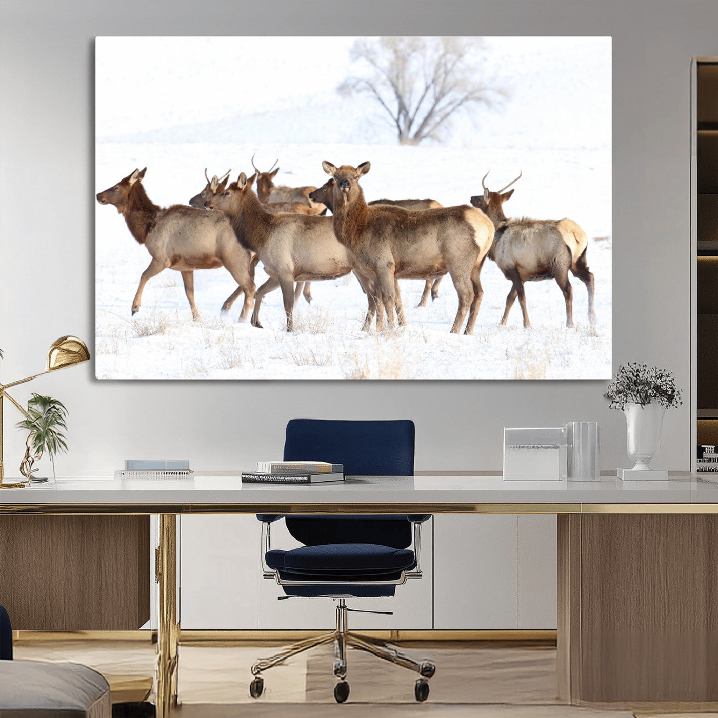 Snowy Elk Herd Wall Art Canvas Print – Majestic Winter