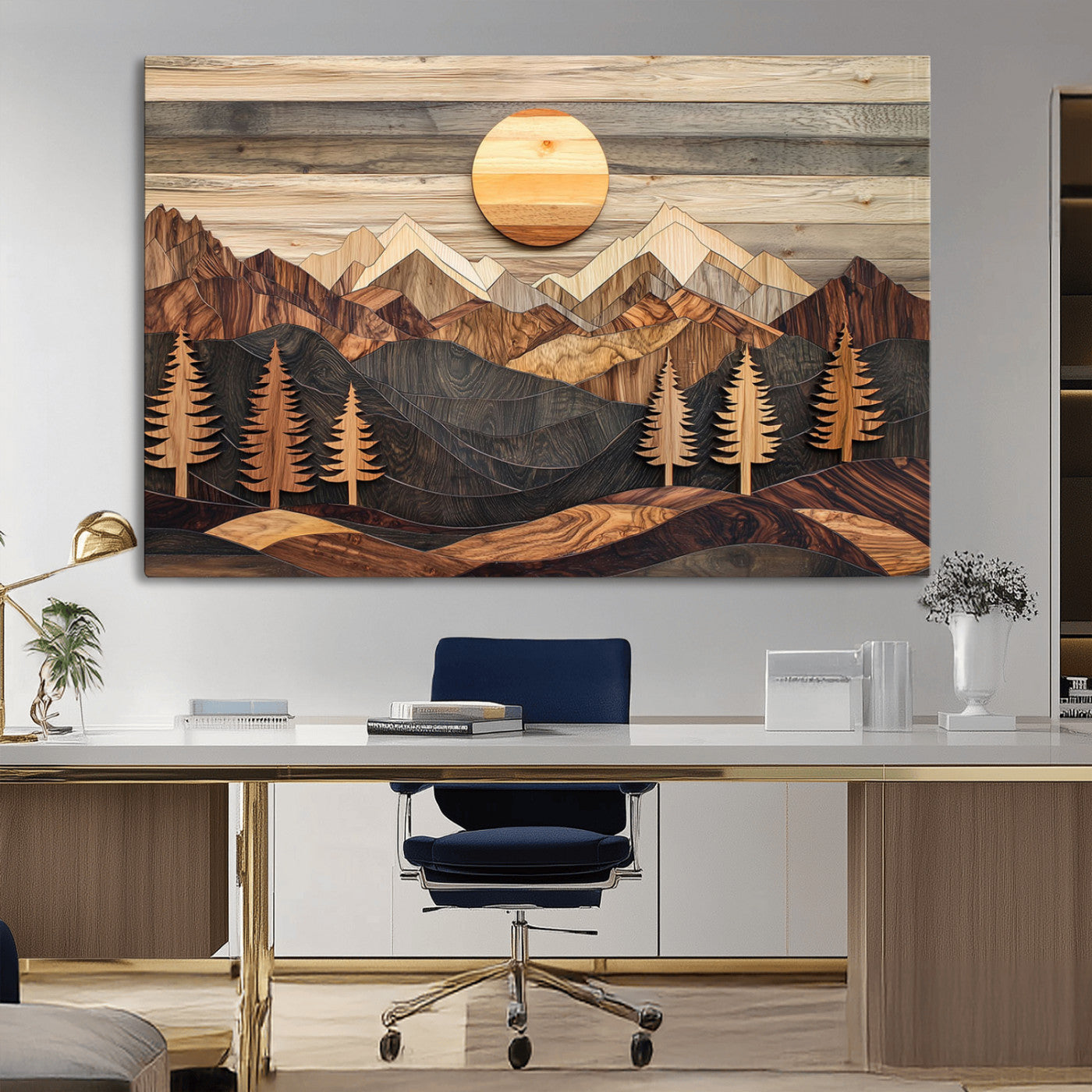 Wooden Mountain Layers Art – Rustic Pine Tree Landscape