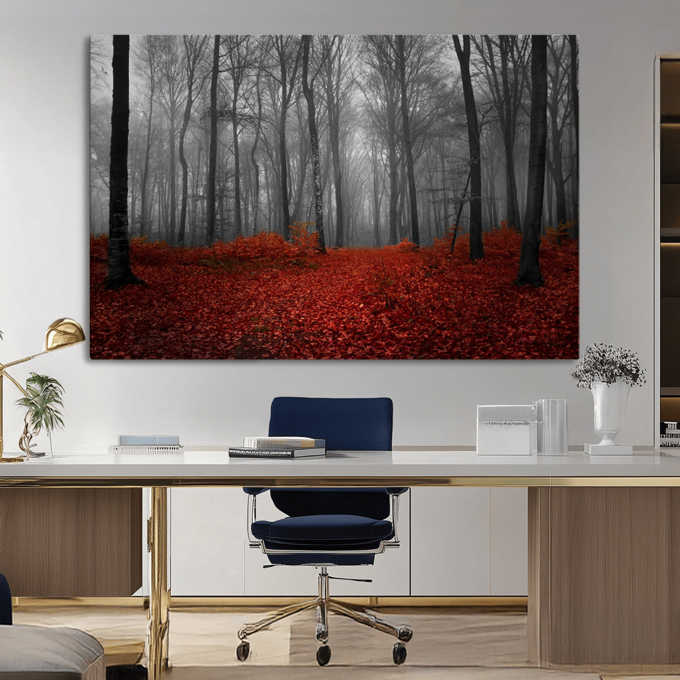 Red Forest Floor Canvas Wall Art – Mystical Foggy Woodland