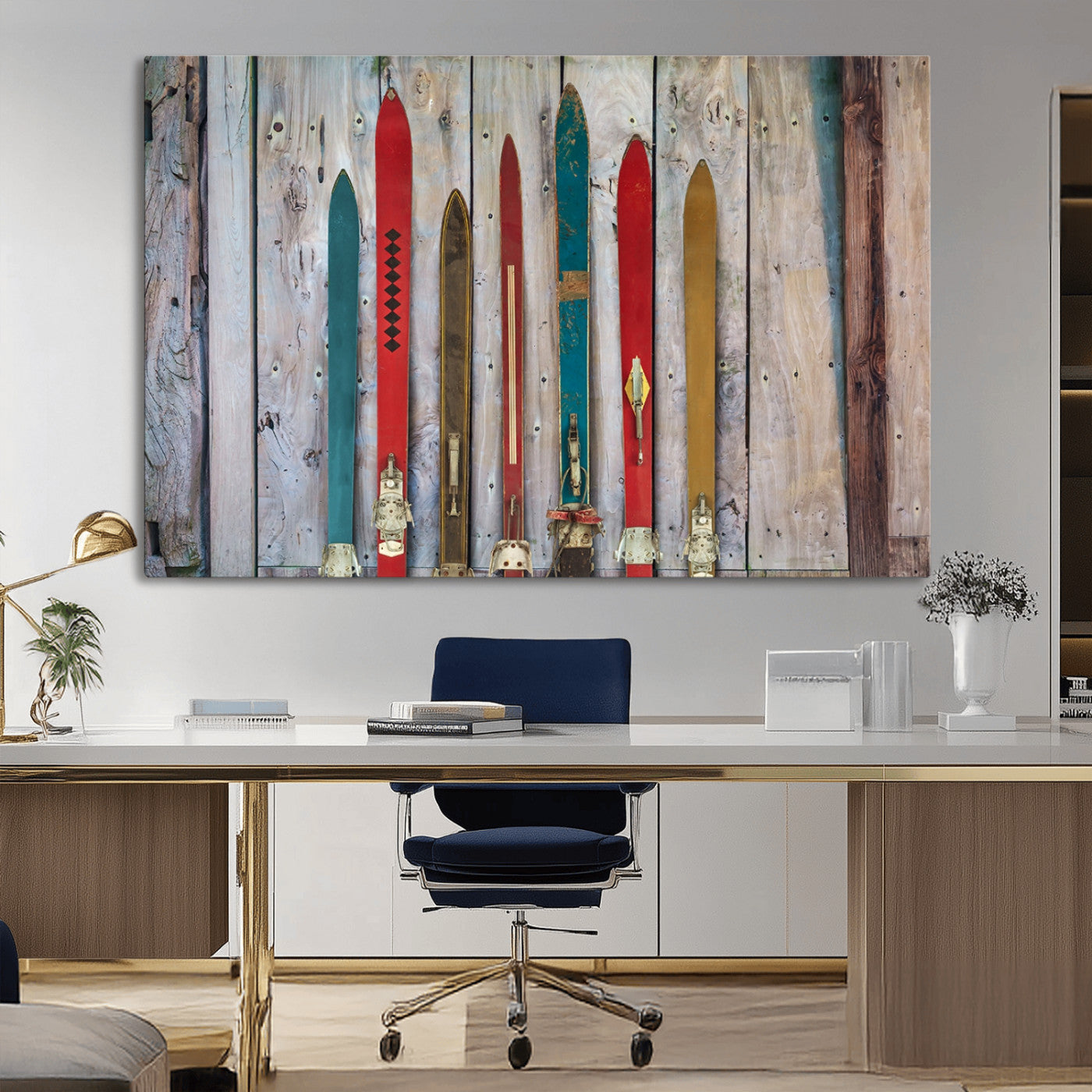 Vintage Wooden Weathered Ski's in Front of an Old Barn Wall