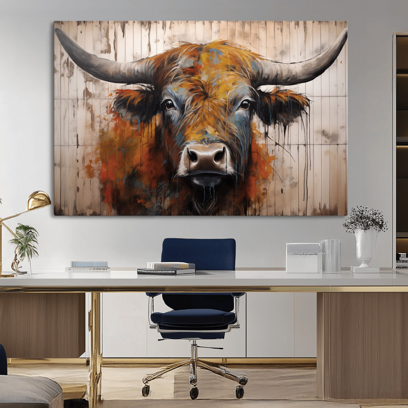 Scottish Highland Cow Cattle Art Print on Wood Style