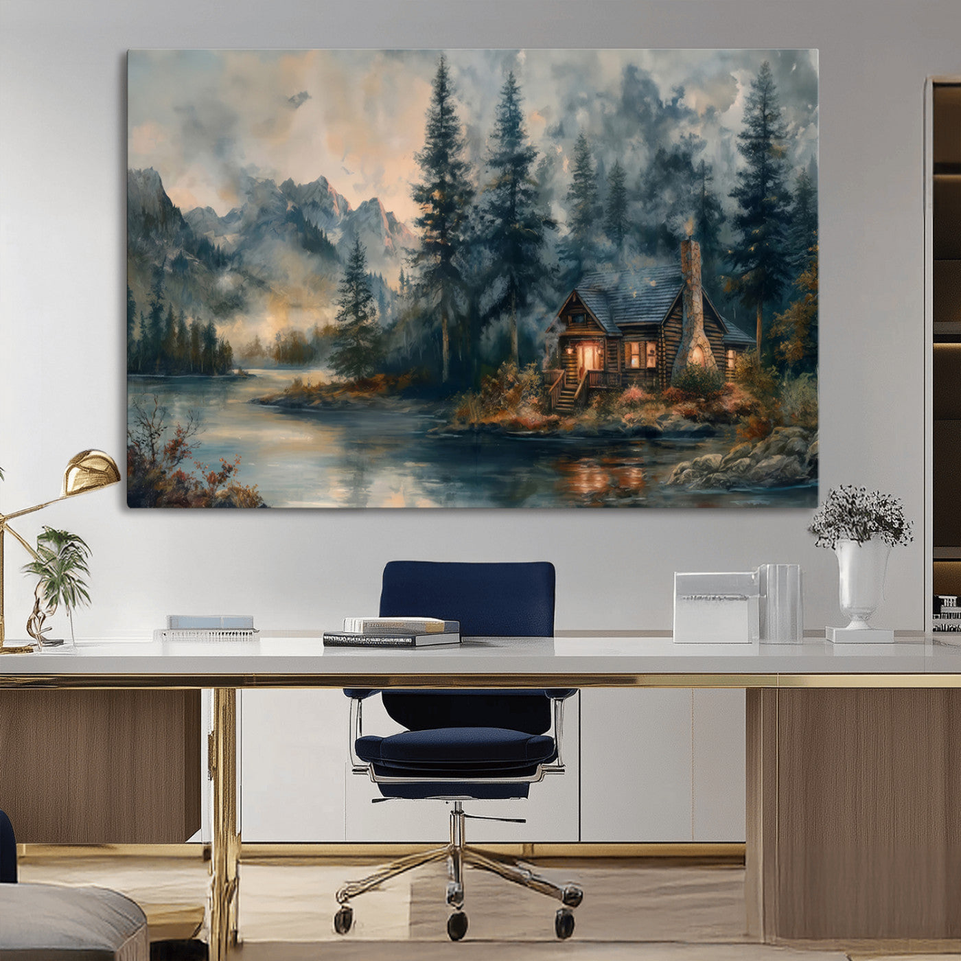 Rustic Cabin Woods Wall Art Print | Lake in a Forest Canvas