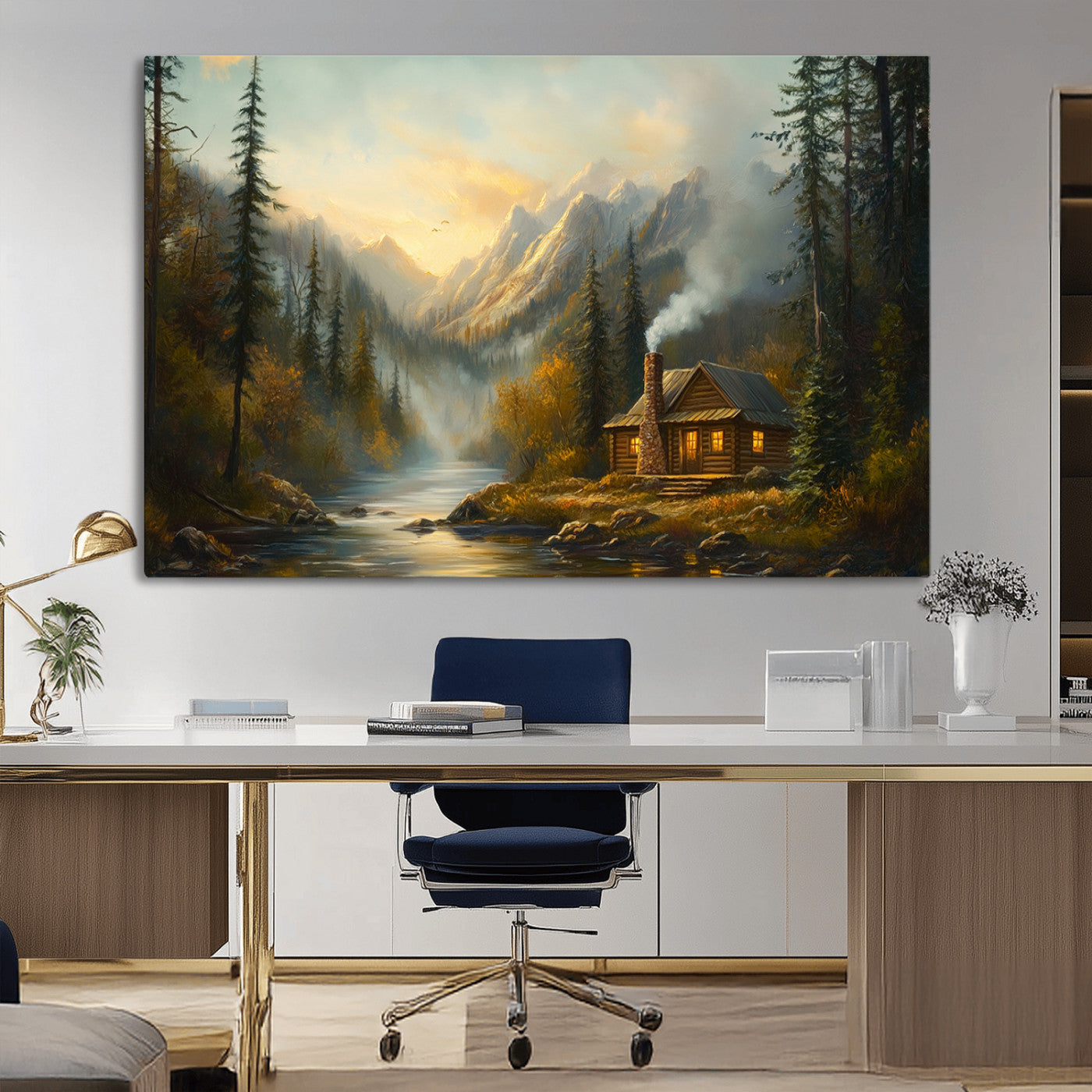 Wood Cabin Retreat Mountain at Sunset Wall Art Print -