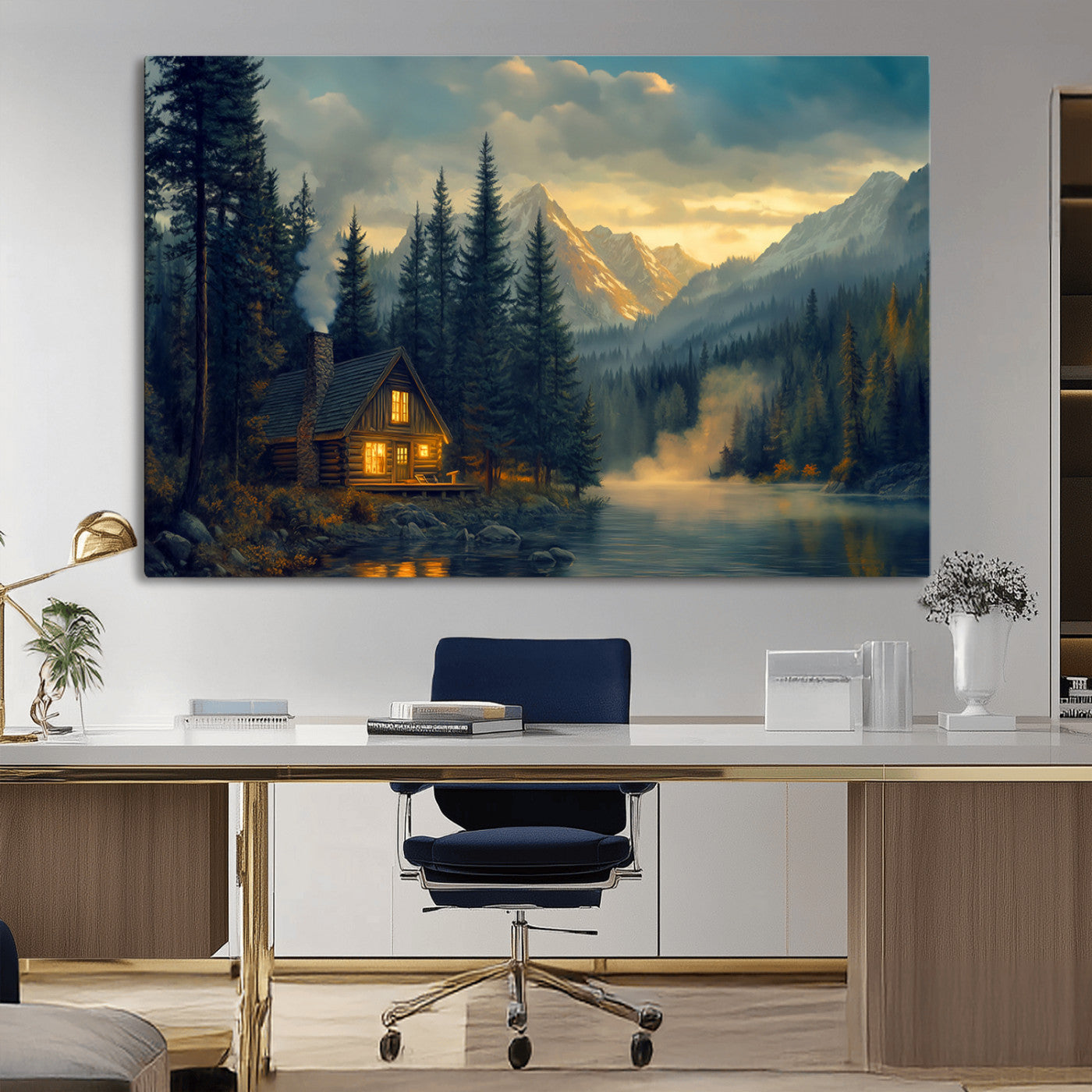 Mountain Cabin by the Lake at Sunset Wall Art - Serene