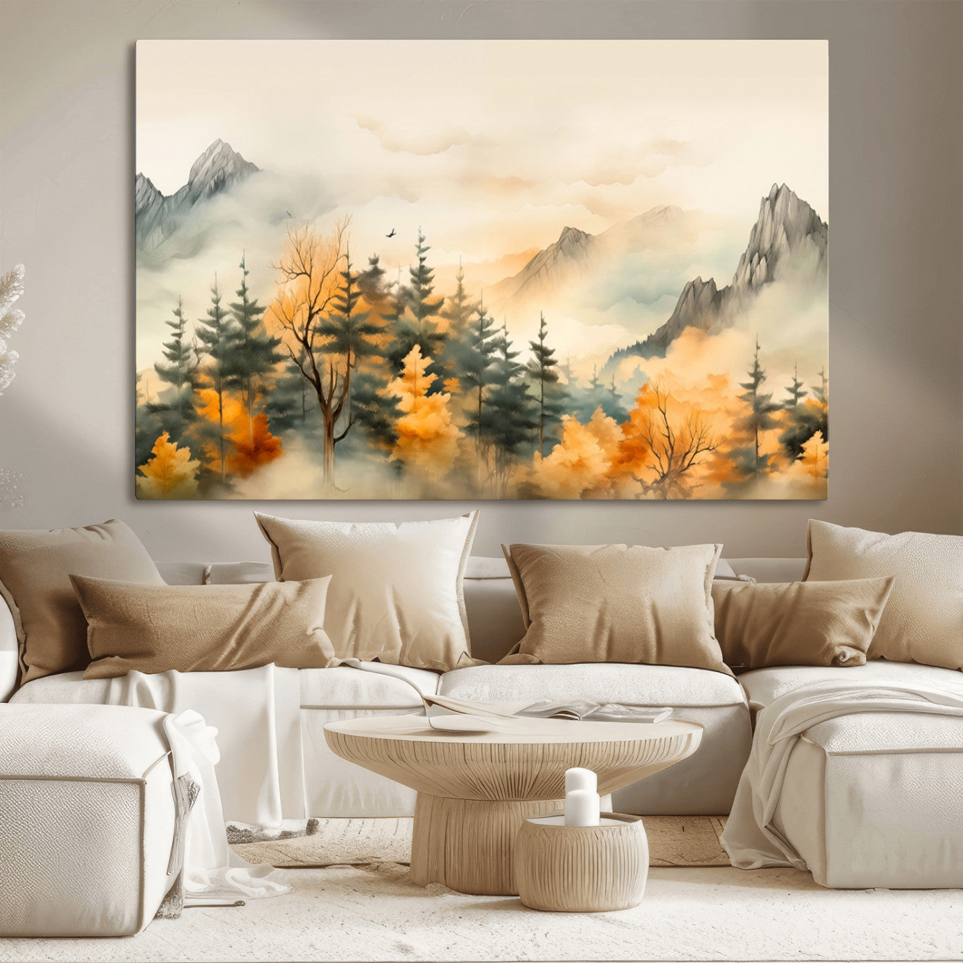 Abstract Watercolor Mountains and Trees Autumn Art,