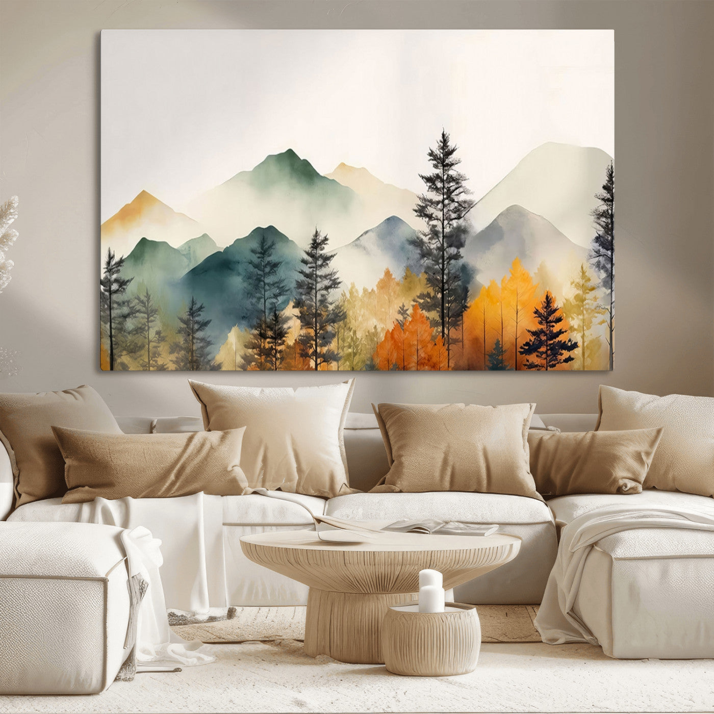 Abstract Watercolor Mountains and Trees Autumn Wall Art,