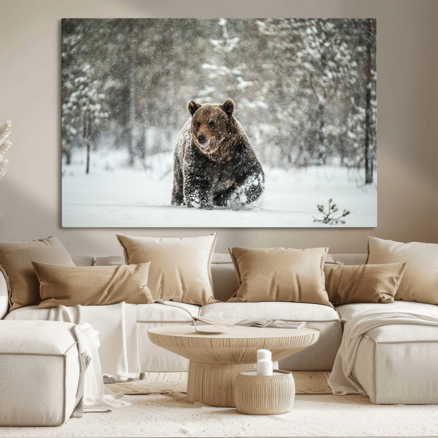Grizzly Bear Wall Art – Framed Snowy Forest Canvas Artwork,