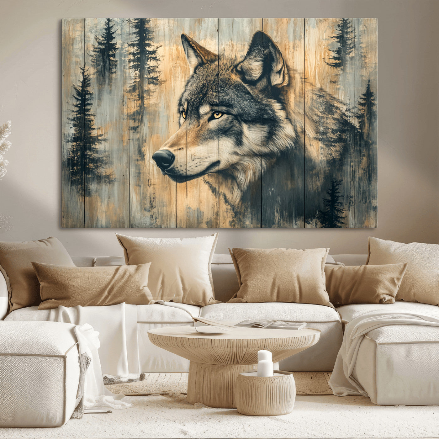 Wood Style Rustic Wolf Wall Art Canvas Print, Vintage