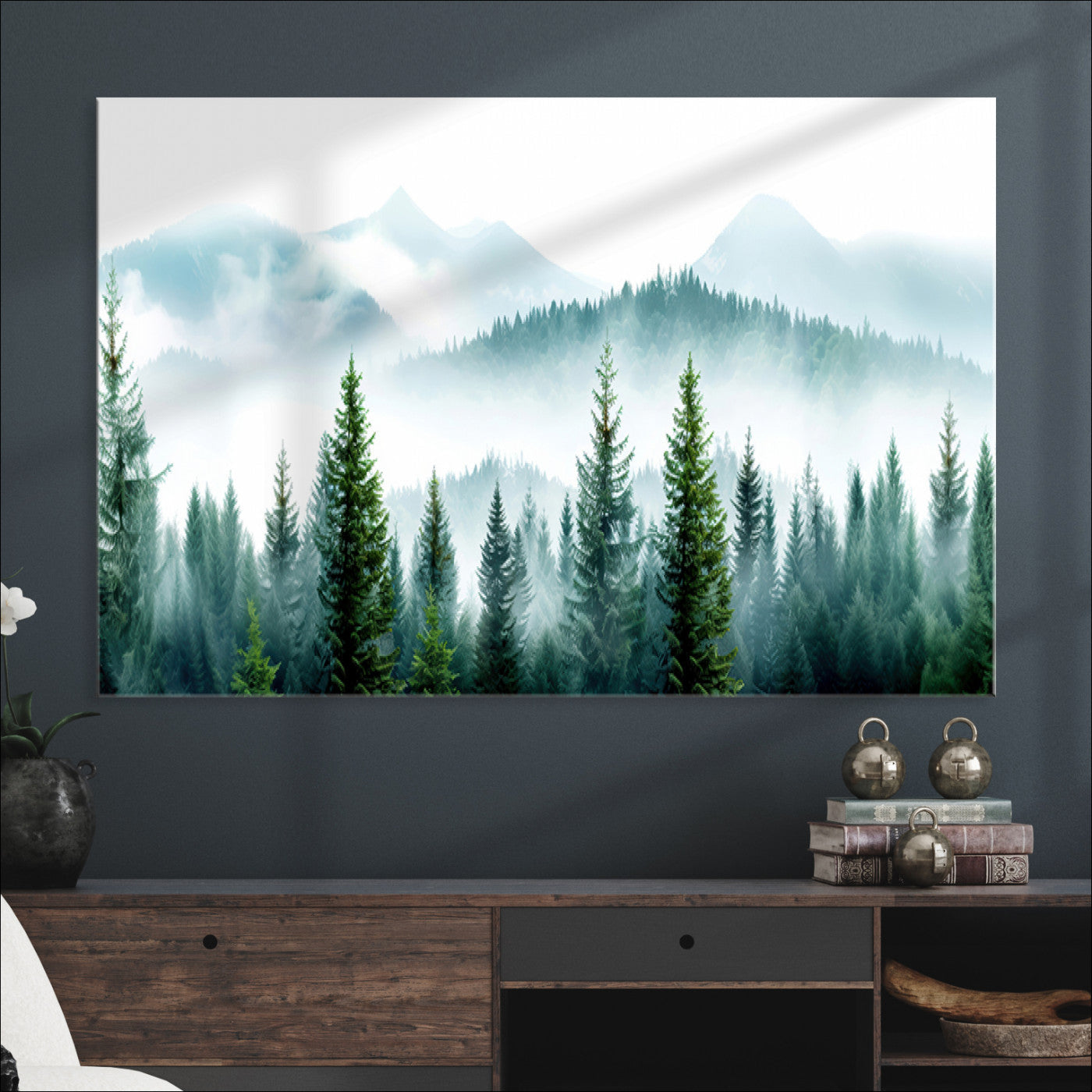 Pine Forest Wall Art Canvas Print – Misty Mountains Foggy
