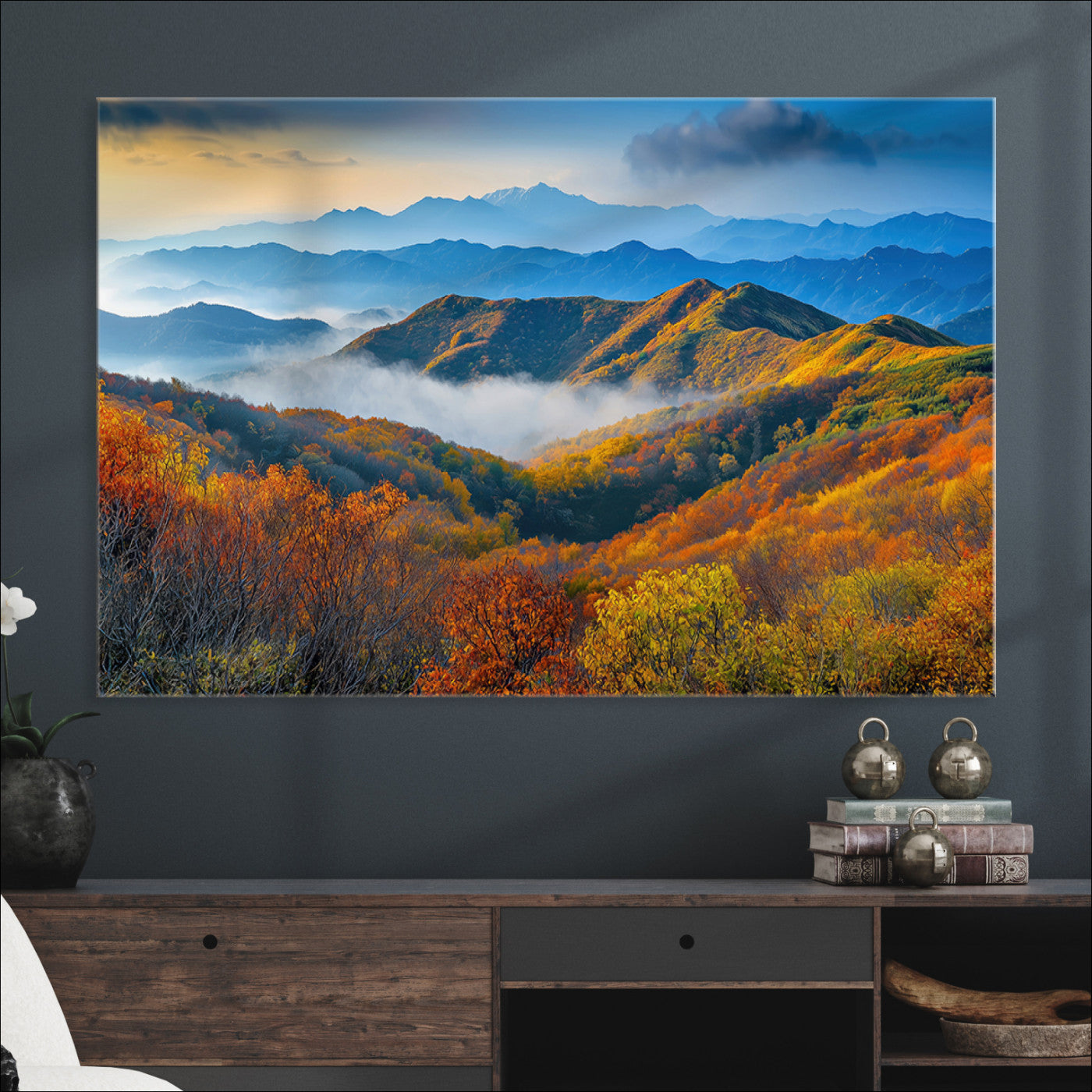 Autumn Mountains Wall Art Canvas Print – Foggy Peaks