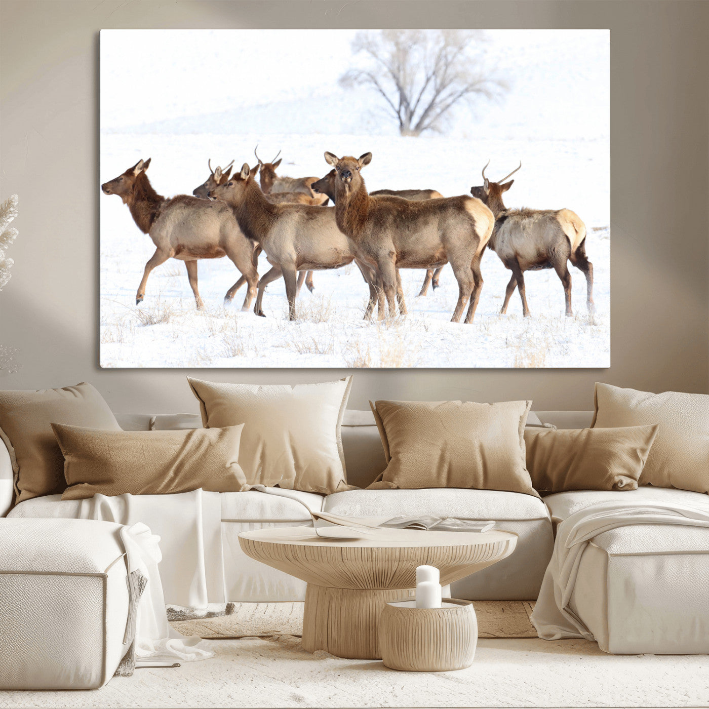 Snowy Elk Herd Wall Art Canvas Print – Majestic Winter