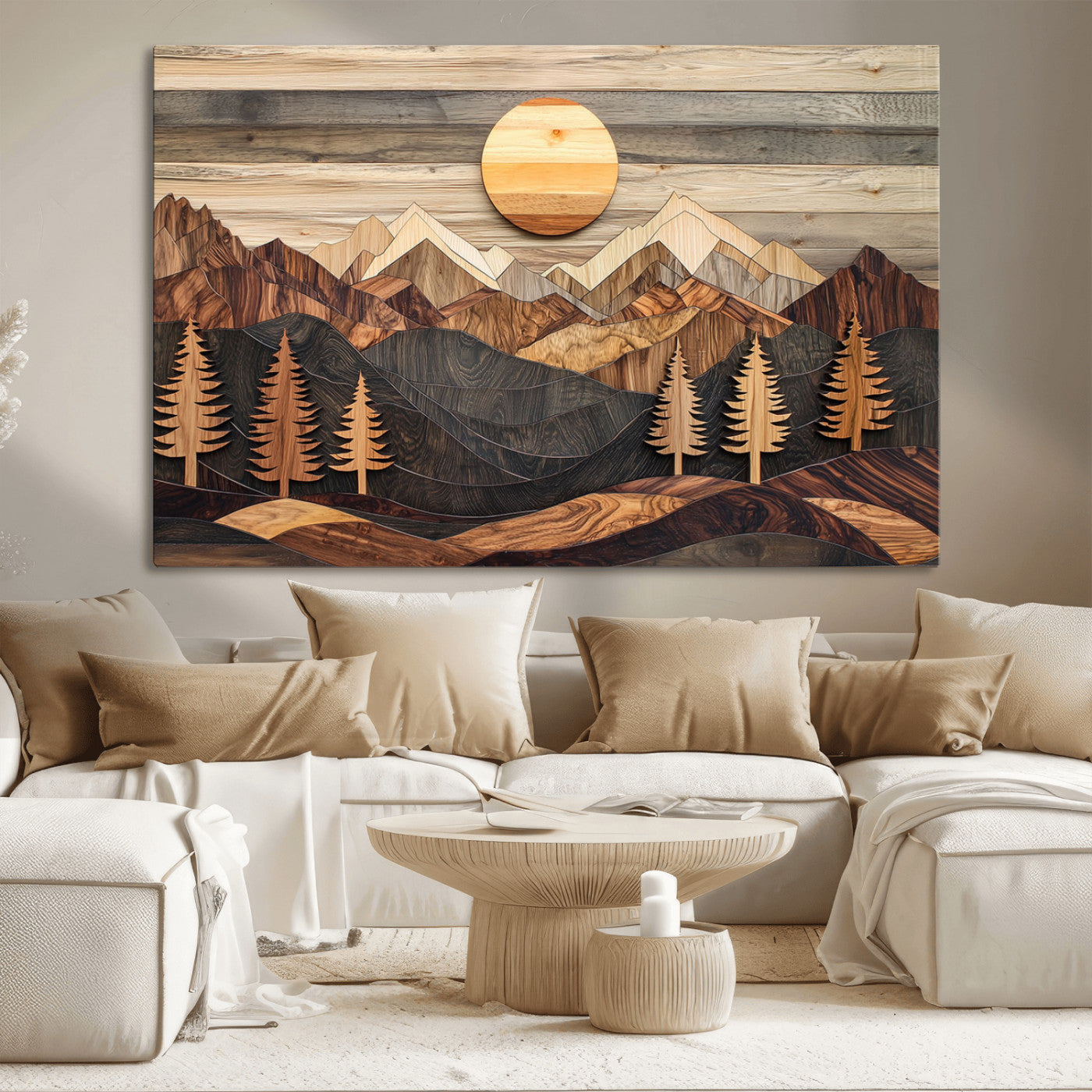 Wooden Mountain Layers Art – Rustic Pine Tree Landscape