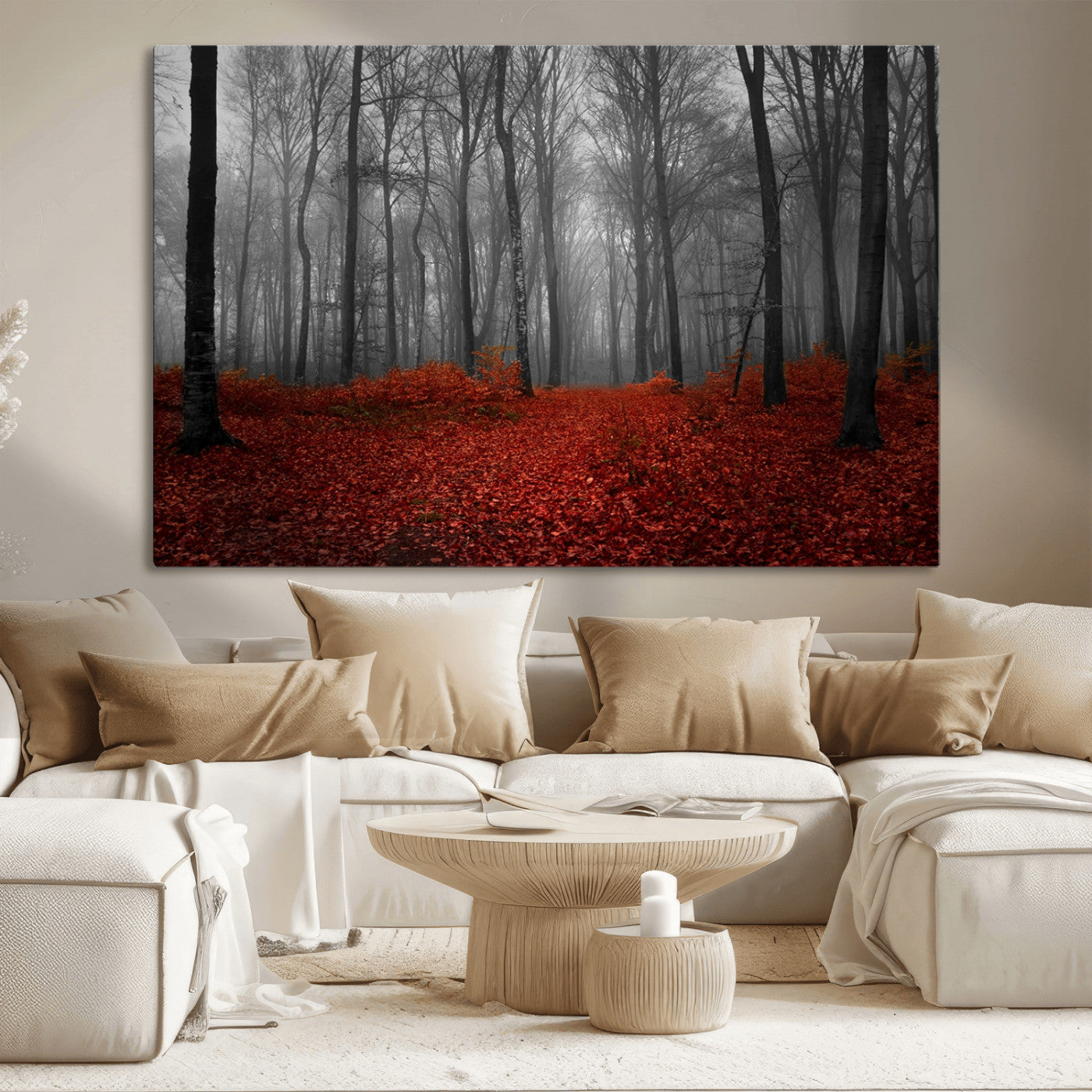 Red Forest Floor Canvas Wall Art – Mystical Foggy Woodland