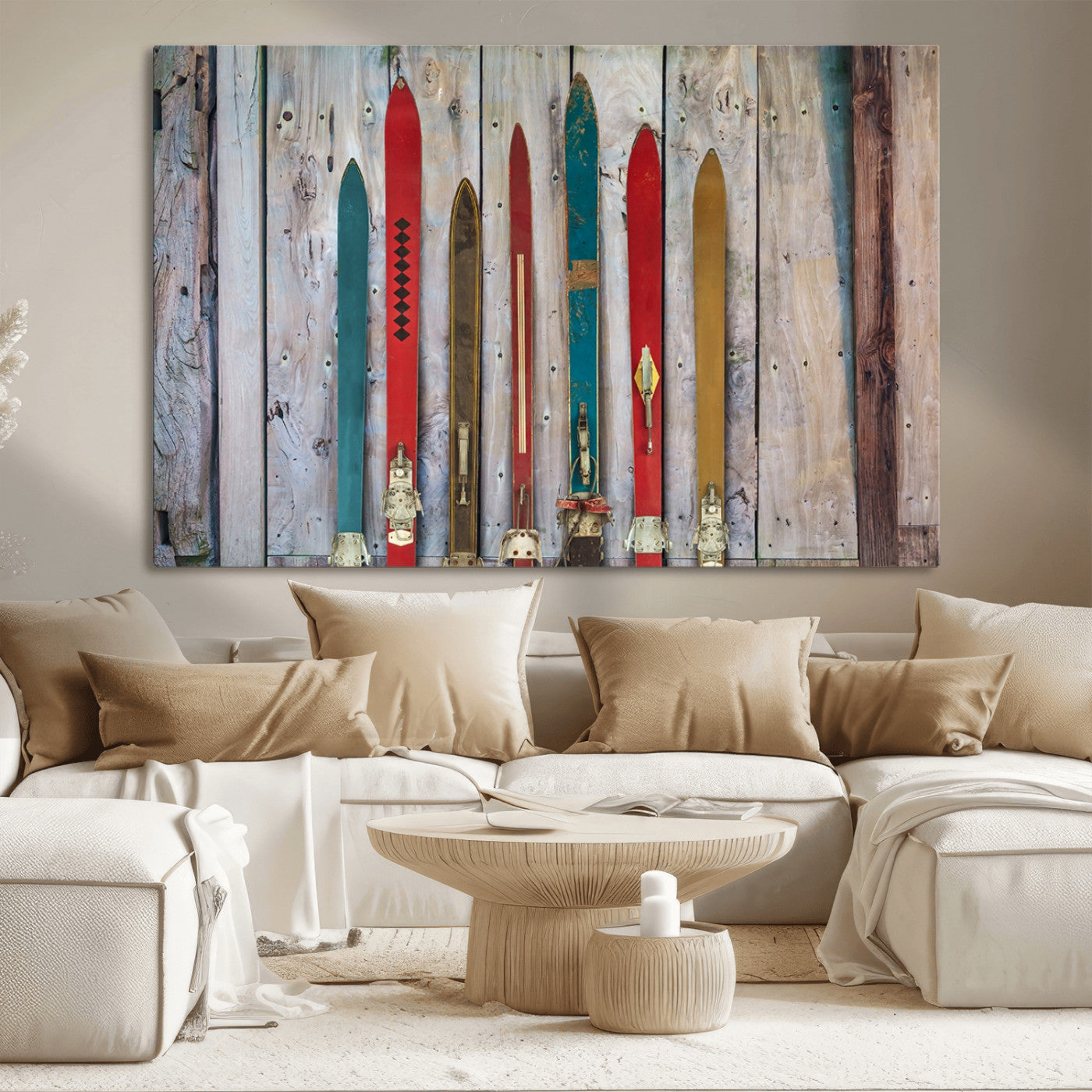 Vintage Wooden Weathered Ski's in Front of an Old Barn Wall